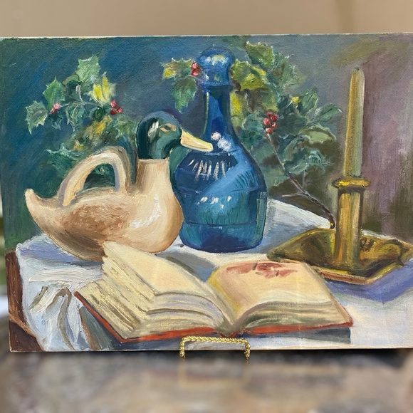 Vintage Original Painting Oil on Board Still Life Duck Book Vase Candle - Picture 1 of 9